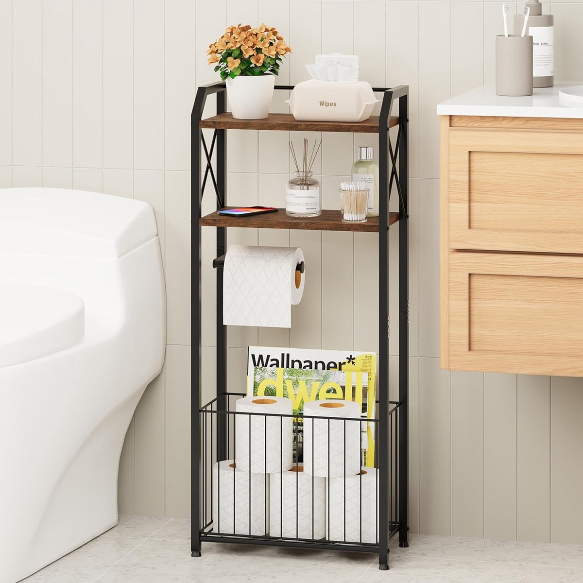 SnelShoppen - Staande Toiletpapierhouder met 4 Vloeren, Houten Planken en Grote Mand, Stijlvolle Toiletrolhouder voor Badkamer, Keuken en Wasruimte