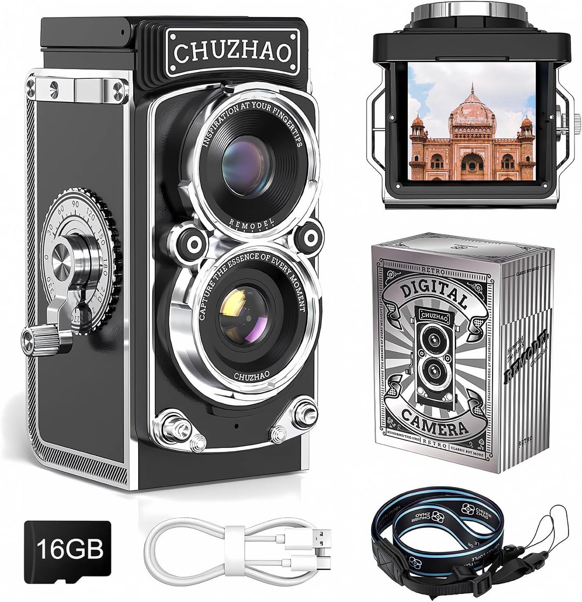 SnelShoppen - Retro Digitale Camera met Tijdstempel - Draagbare TLR 1080P FHD Video 12MP Autofocus Mini Vintage Camera zwart voor Beginners en Tieners