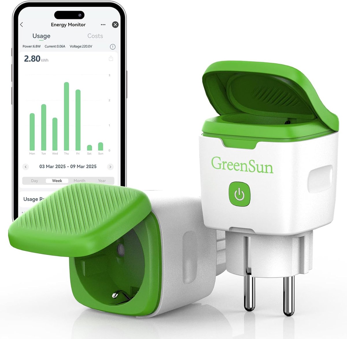 SnelShoppen - GreenSun Buiten Timer Schakelaar, Waterdicht, 2 Stuks, WiFi Stopcontact, Outdoor, Vermogensmeter, Smart Life App, Compatibel met Alexa e