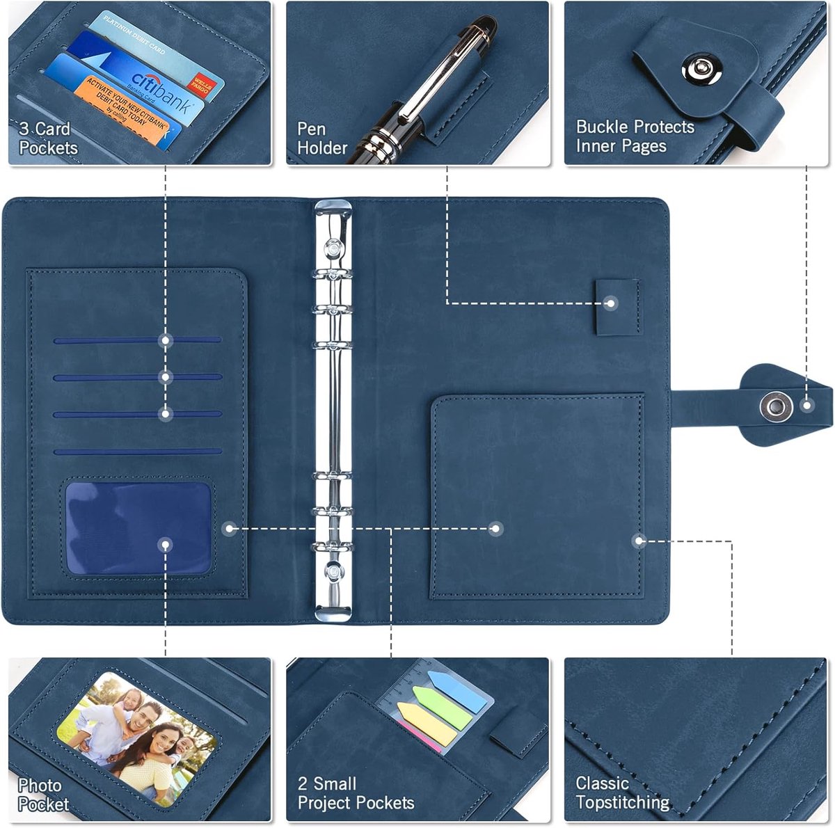 SnelShoppen - PU Leather Notebook A5 Ring Binder - 6 Ring Binders met 200 Vellen Refill Papier - Planner Notitieboek met Dividers - Perfect als Gesche