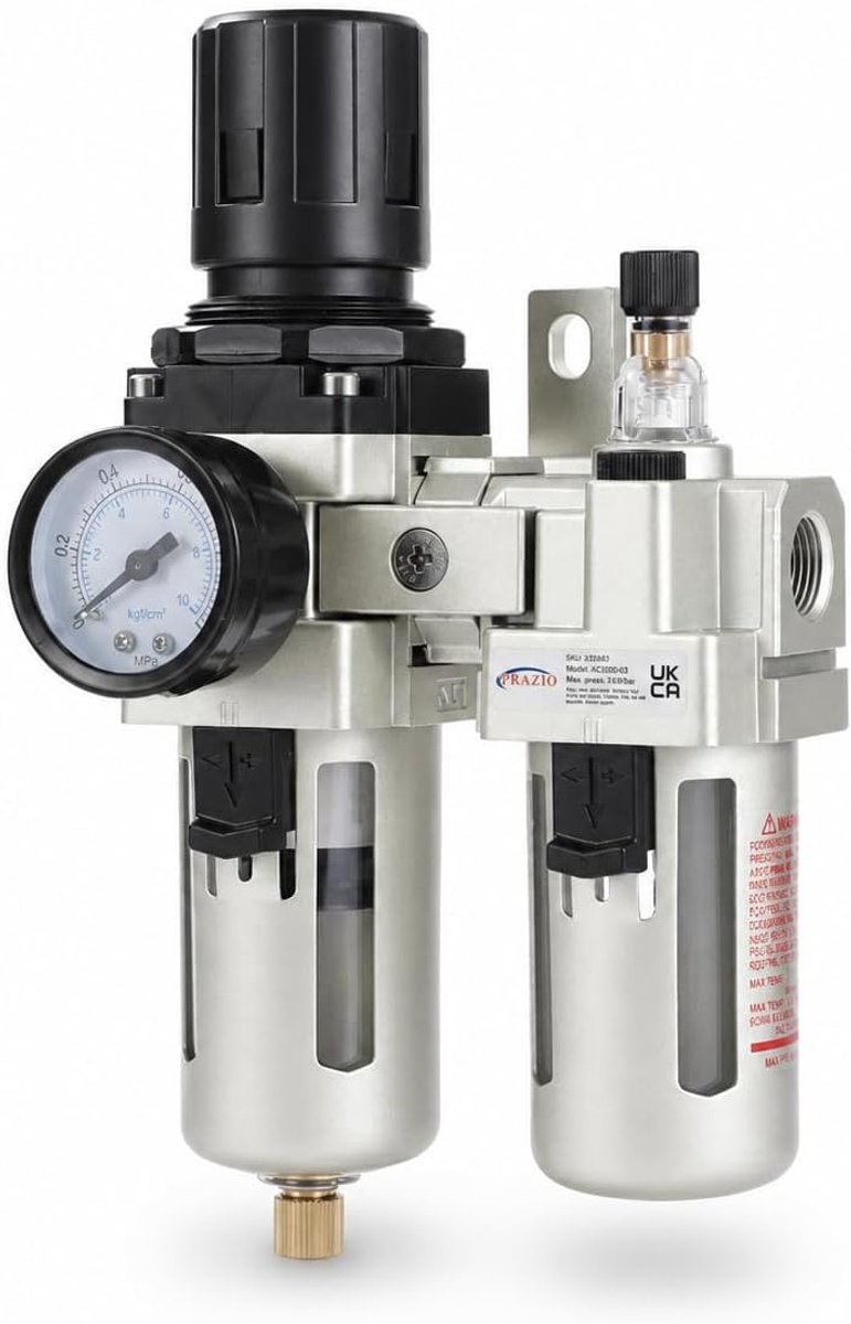 SnelShoppen - Air Compressor Filter Regulator voor Verfspuitpistolen en Pneumatische Gereedschappen - Industrieel, Aluminium, 3/8" Inlaat/Uitlaat, Wat