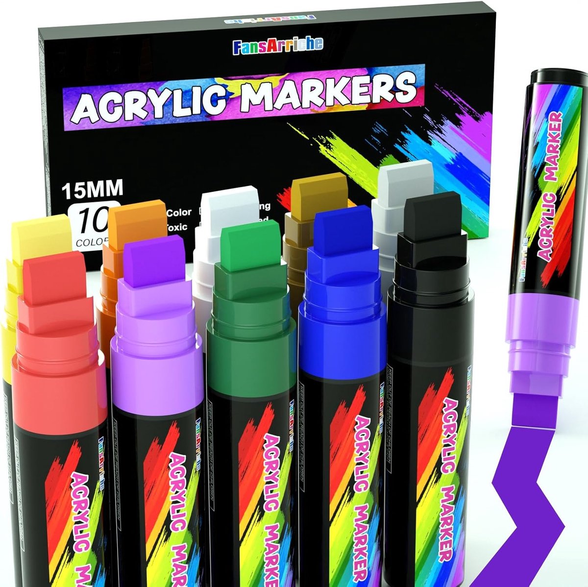 SnelShoppen - Acryl Stiften 15mm Jumbo Viltpen Set, 10 Kleuren Watervast en Permanent voor Steen, Hout, Glas en Doek - Creatieve Markers voor Kinderen