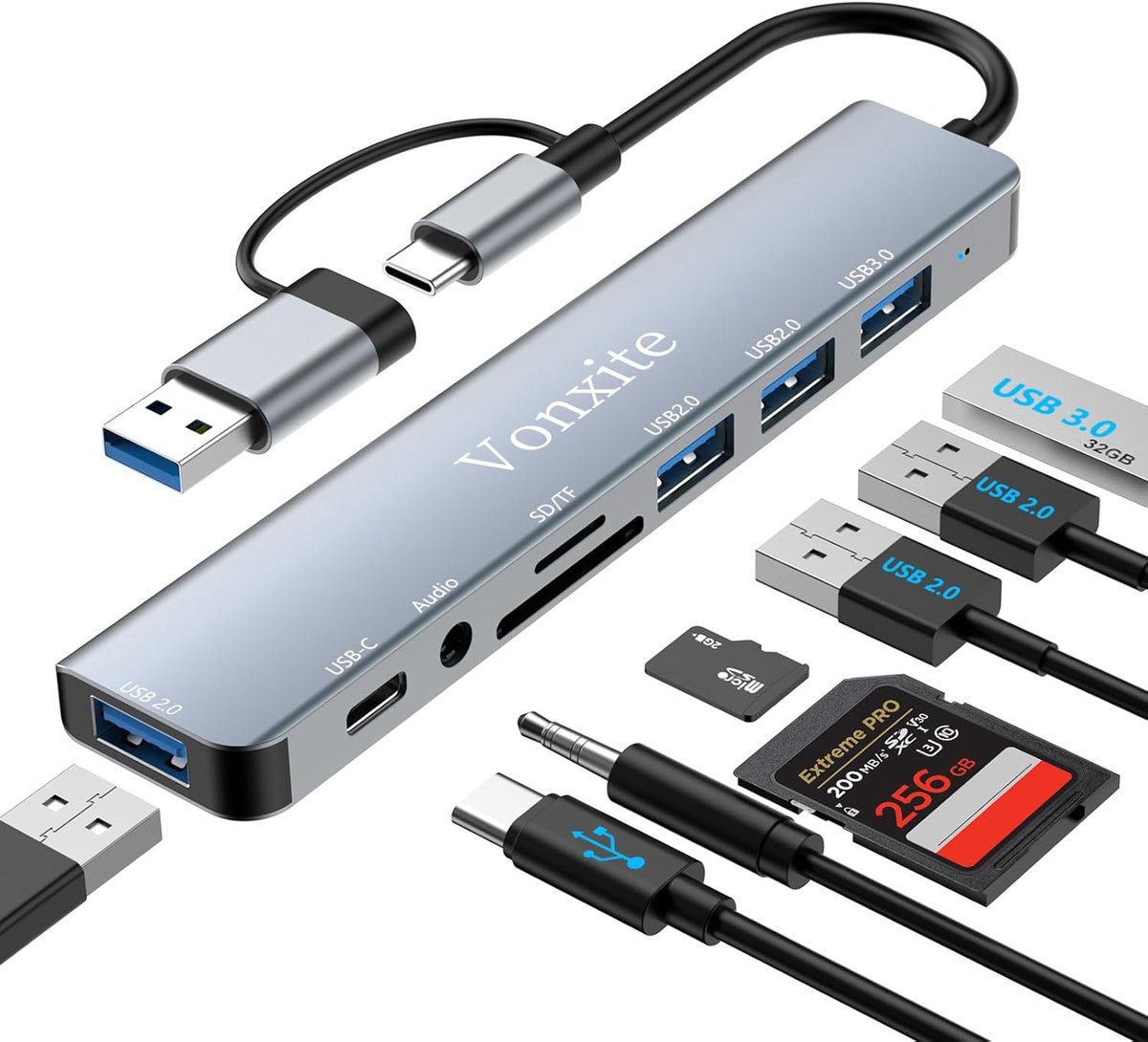 SnelShoppen - 8-in-1 USB Hub met 3.5mm Audio Jacks, USB-C, USB 3.0, Ethernet, HDMI, Geheugenkaartlezer, Plug-and-Play, Ideaal voor Laptop en PC