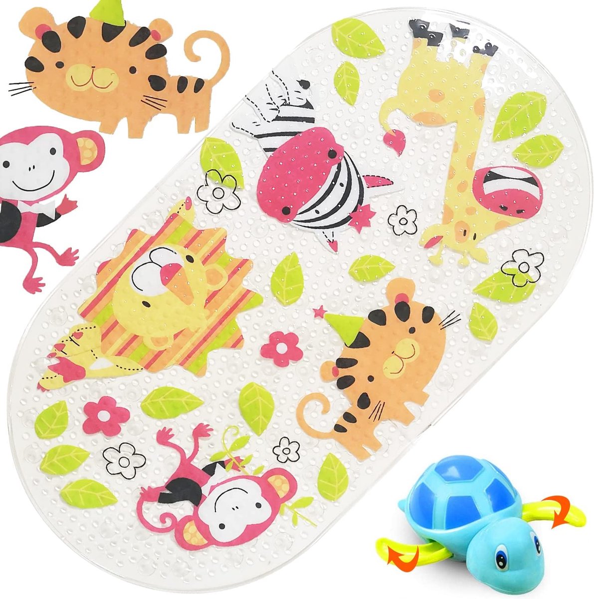 SnelShoppen - Kinderen Badmat - Kleurrijke Antislip Badmat Dierenthema - 38 x 70 cm Oval PVC - Veilig en Comfortabel voor Baby's en Peuters