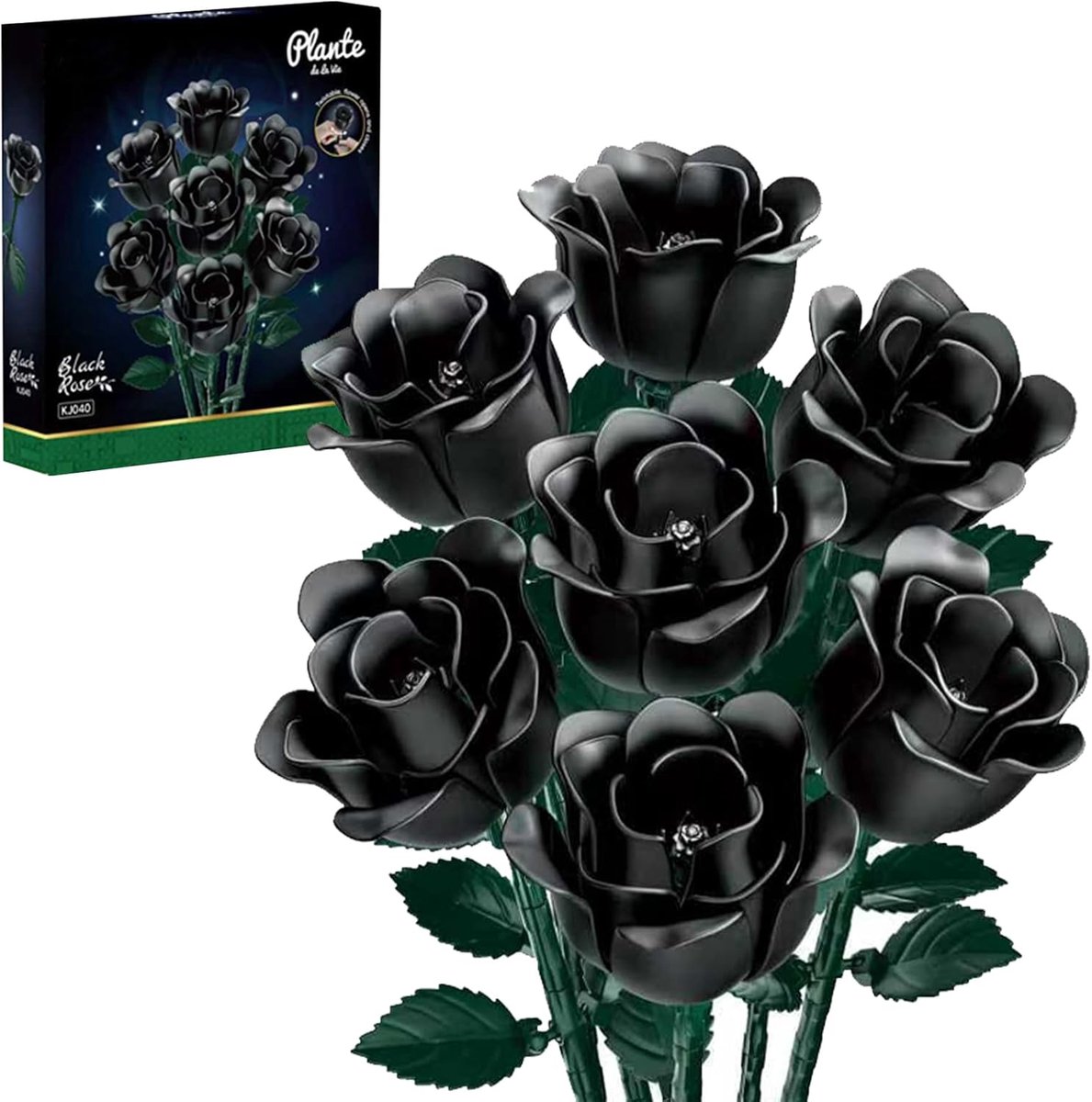 SnelShoppen - Set van 7 Gothische Rozen Bouwstenen - Botanische Bloemencollectie voor Volwassenen - Retro Decoratie - Zwart Materiaal - Perfect voor T