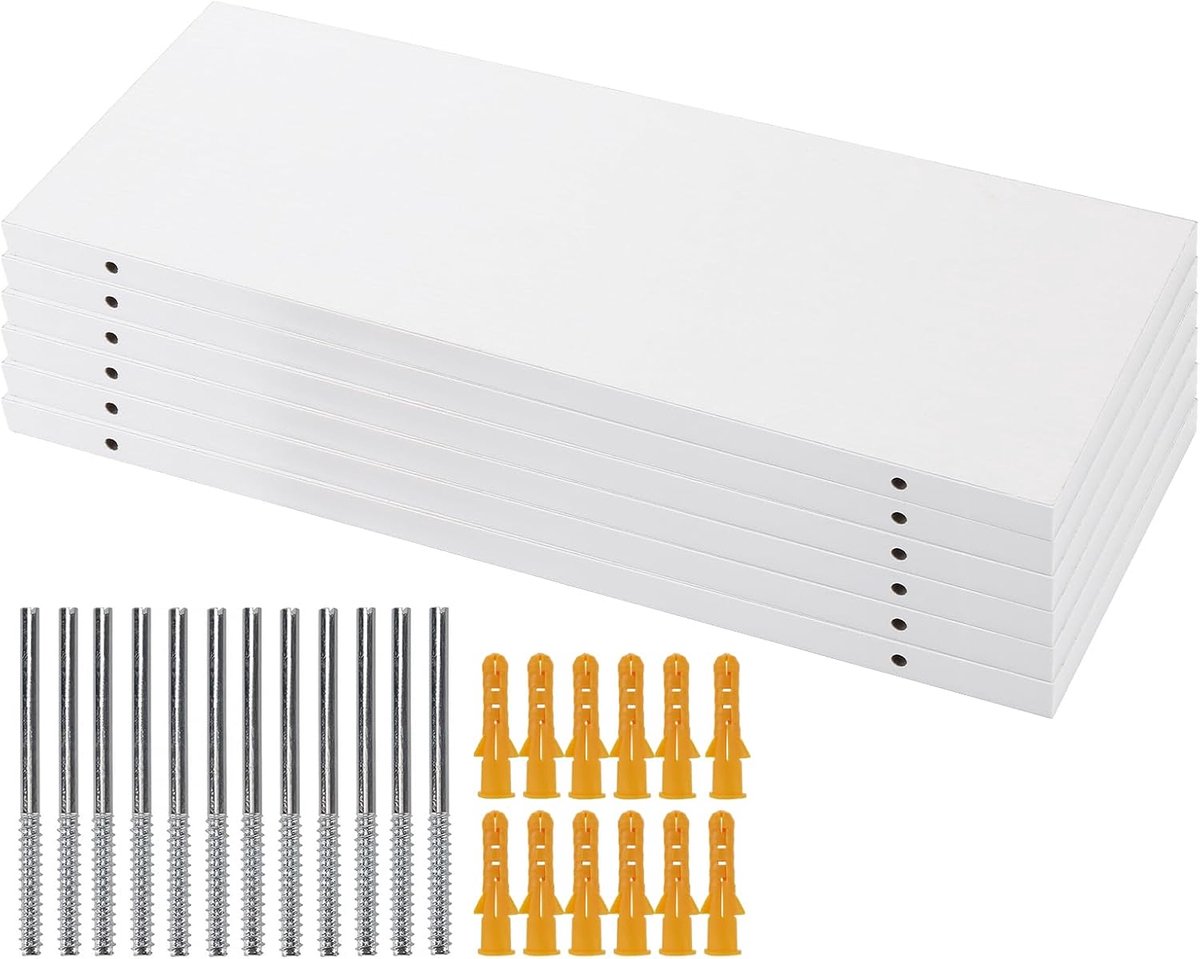 SnelShoppen - 6 Stuks Floating Wall Shelves, Wandplanken, 40 x 15 cm, Houten Planken in Wit, Voor Woonkamer, Badkamer, Elegant en Stevig