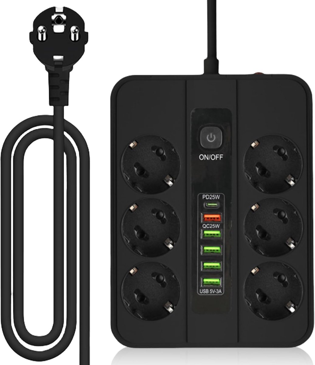 Stroomverdeler - Wandcontactdoos - Meerdere Apparaten Laden - 6 Stopcontacten 5 USB - 2 Meter Kabel - Zwart