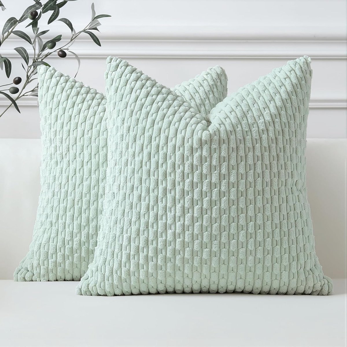 SnelShoppen - Set van 2 Lichtgroene Zachte Corduroy Decoratieve Kussenhoezen - Boho Gestreepte Sierkussens voor Bank, Woonkamer, Patio, Farmhouse, 60