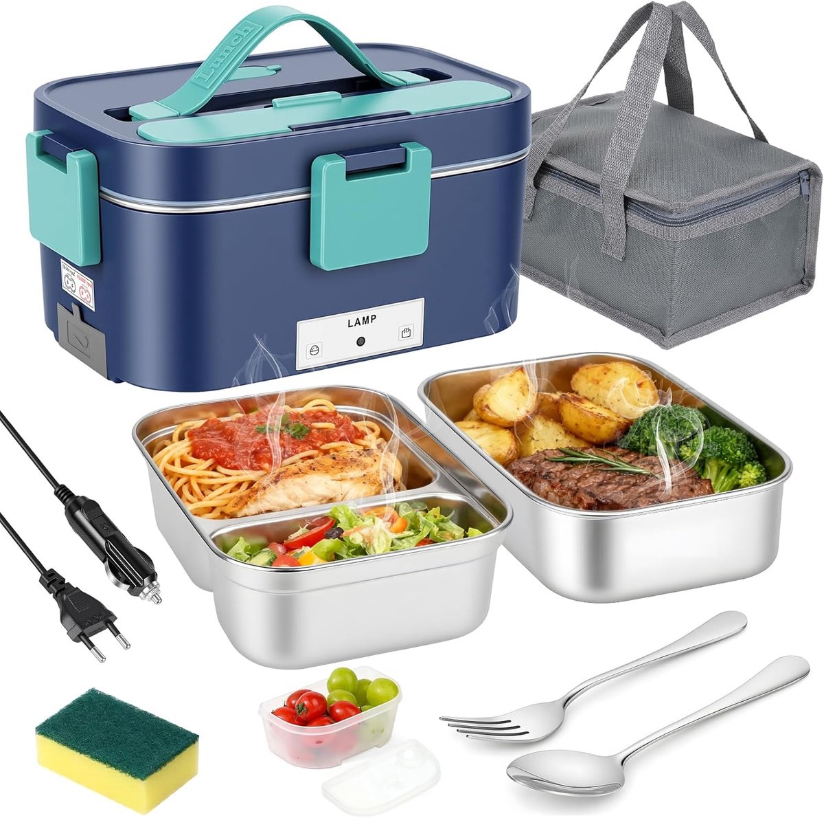 SnelShoppen - 3-in-1 Elektrische Lunchbox 1.8L - Snelle Verwarming - RVS - 100W - Geschikt voor 12V/24V/220V - Ideaal voor Werk, Auto, Camping