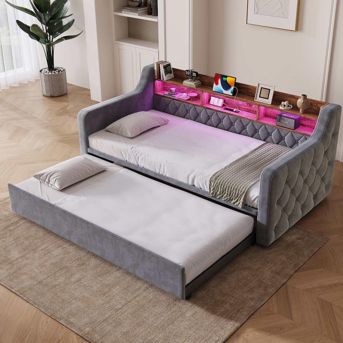HAUSS SPOLE Slaapbank - Uitschuifbaar Sofabed Met Opberghoofdbord En Ledverlichting - Voor Logeerkamer En Woonkamer - Fluweel Donkergrijs