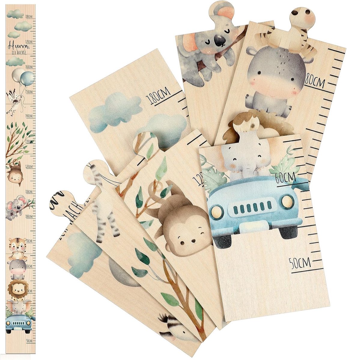 SnelShoppen - Meetlat voor Kinderen, Muur Meet Tafel, Houten Kom met Dierenpatroon, Geboorte Cadeau, Geschikt voor Jongens 50-180 cm (Schattige Dieren