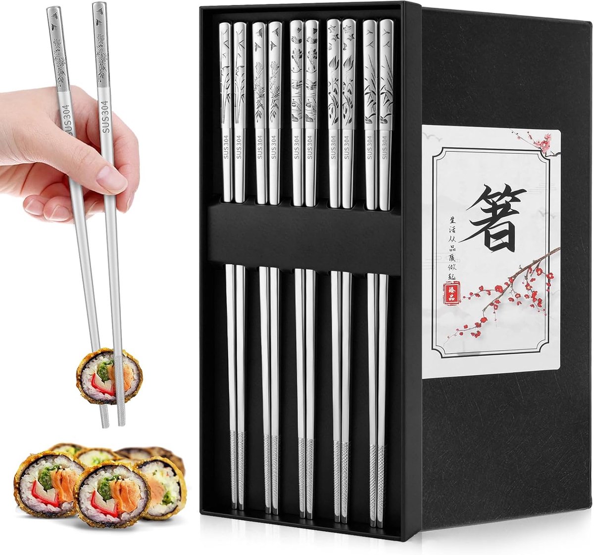 SnelShoppen - Metalen Eetstokjes Set van 5 Paar - Vaatwasmachinebestendig Roestvrij Staal - Antislip Sushi Stokjes voor Thuis, Restaurant, Kinderen en