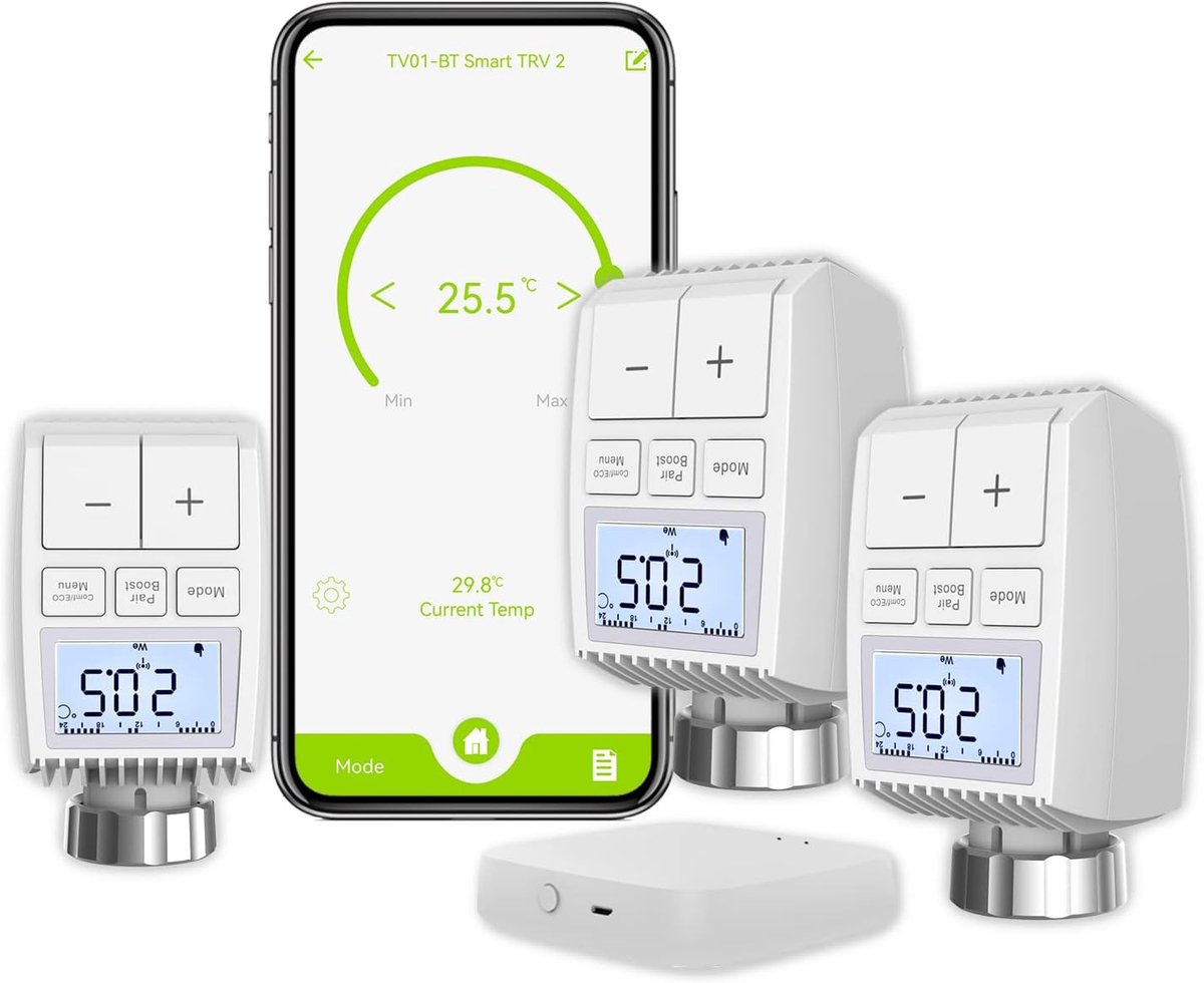 SnelShoppen - Smart Radiator Thermostaat Set met 3 Thermostaten en 1 Hub, Tuya Slimme Verwarming, Voice Control met Alexa en Google Home, Energiezuini