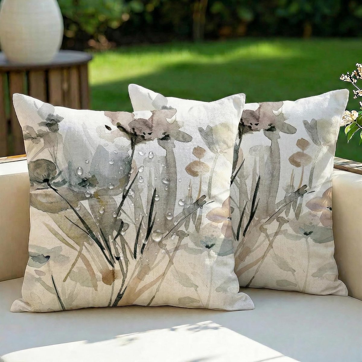 SnelShoppen - Set van 2 Waterdichte Bloemen Kussenhoezen 40 x 40 cm - Modern Abstract Decoratief voor Buiten, Tuin, Woonkamer, Sofa - Ademende Inktver
