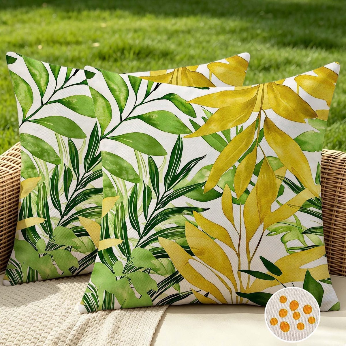 SnelShoppen - Kussensloop Kussenslopen Kussenhoes 40x40 cm Waterbestendig Set van 2 Groen Geel Tropische Bladeren voor Buiten en Binnen, Perfect voor