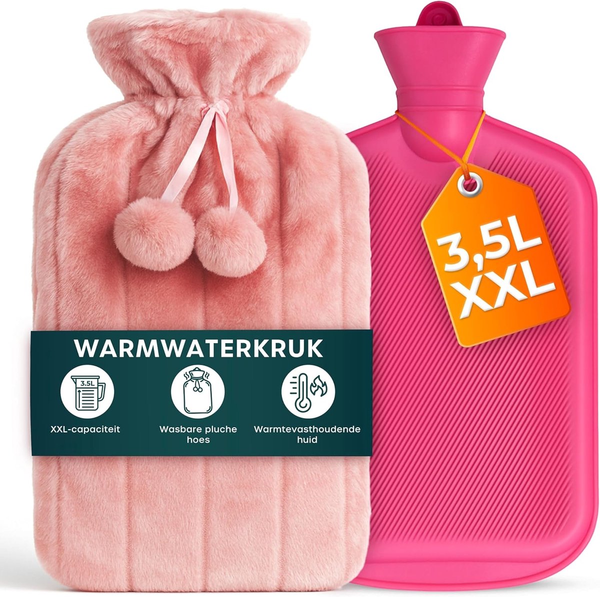 SnelShoppen - Warmwaterkruik 3,5 liter Roze met Pluche Overtrek - Warmtekussen voor Menstruatieklachten, Nek- en Schouderpijn, Geschikt voor Kinderen