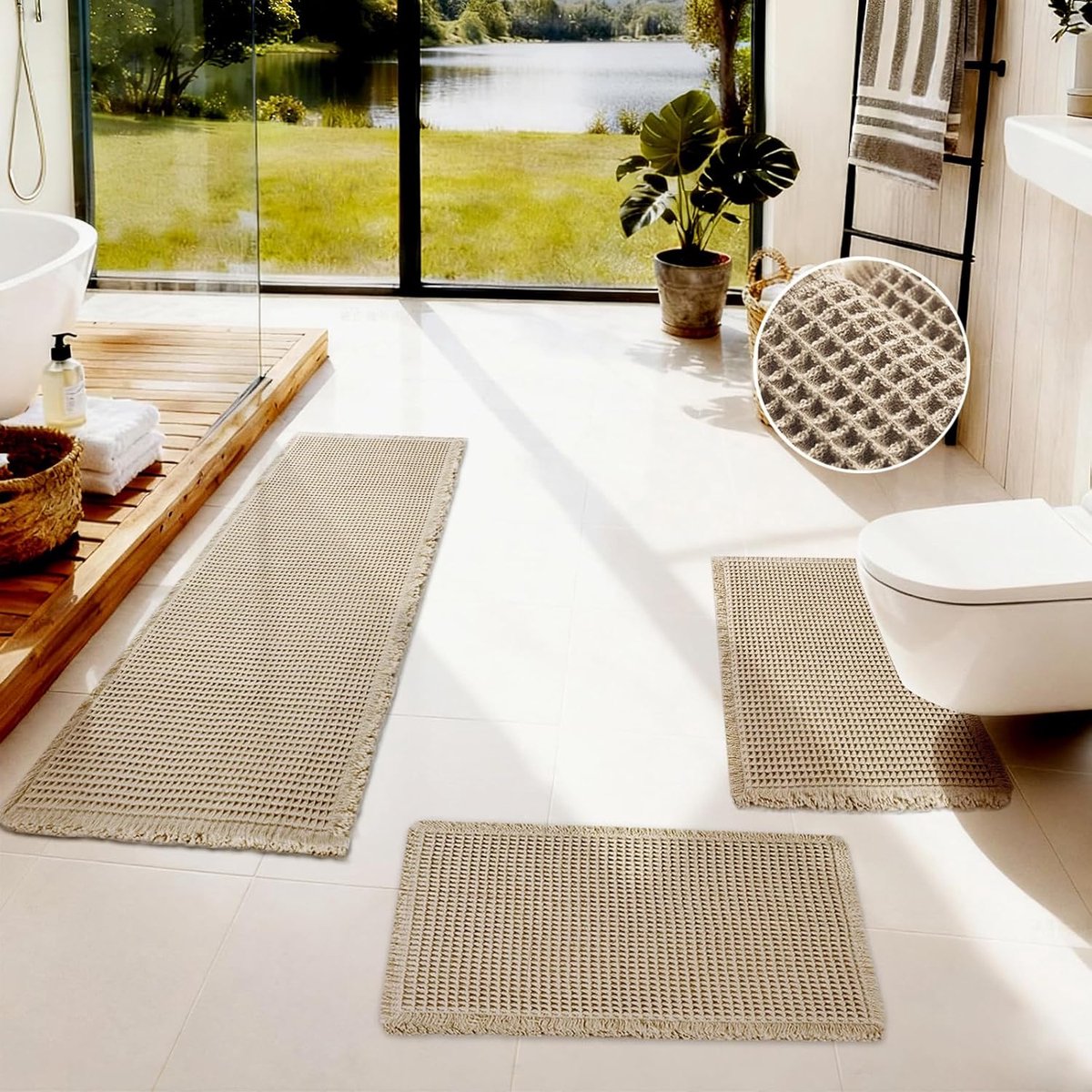 SnelShoppen - Microfiber Badmat Set 3-delig, Antislip Badmatten voor Badkamer, Woonkamer en Slaapkamer, 1x50x121cm + 2x43x61cm, Khaki, Absorberend en