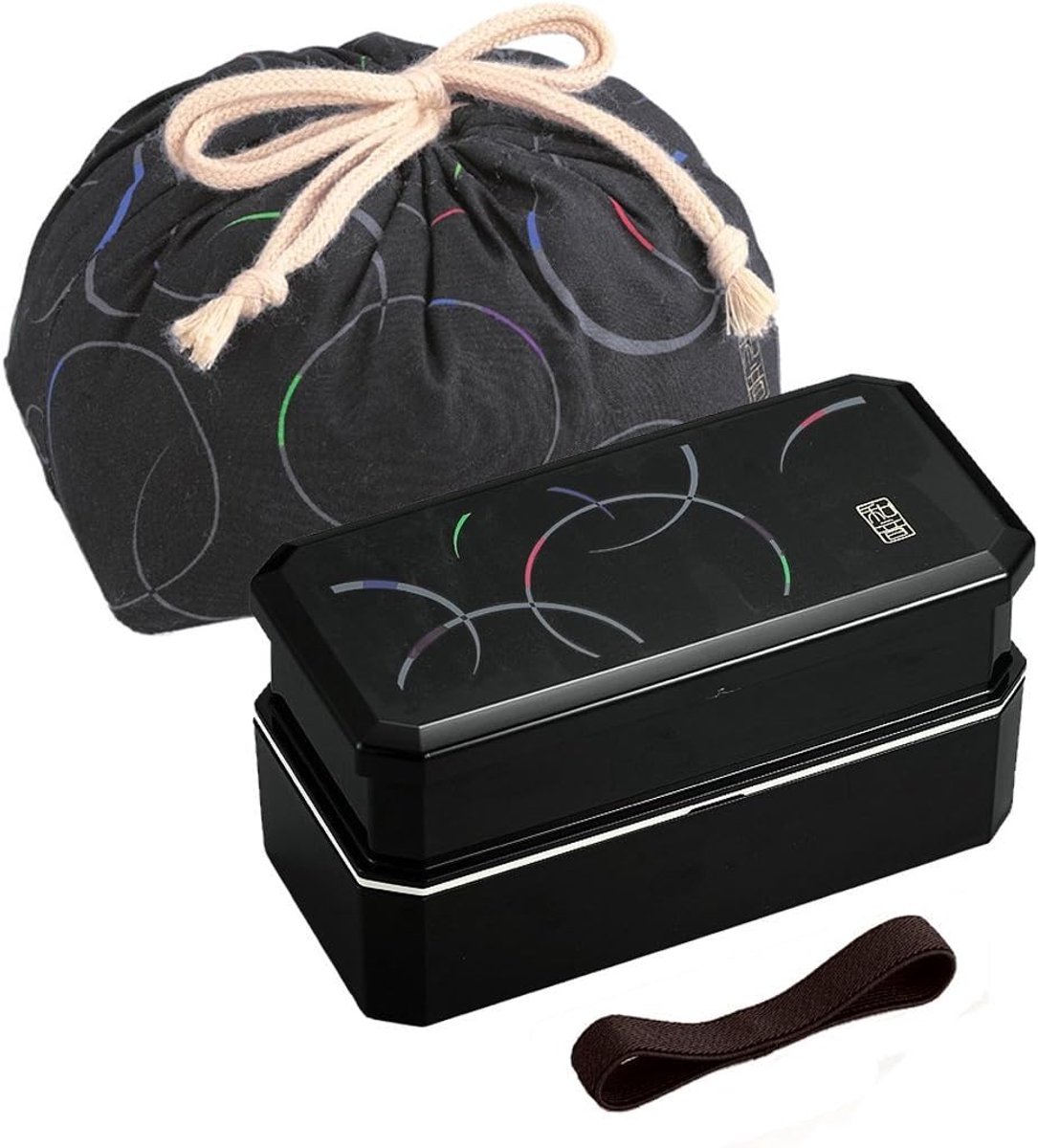 SnelShoppen - Japanse Bento Box Lunchbox Wave Black 320 + 400 ml, met Eetstokjes en Draagtas, Ideaal voor Werk, School, Picknick en Maaltijden On-the-