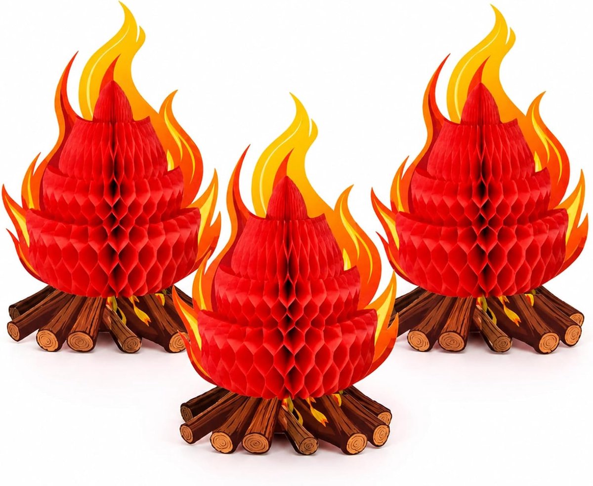 SnelShoppen - 3 Stuks Honeycomb Campfire Tafel Decoratie met Kunstvuur - Ideaal voor Feest, Camping, Kinderverjaardag, Buitenactiviteiten