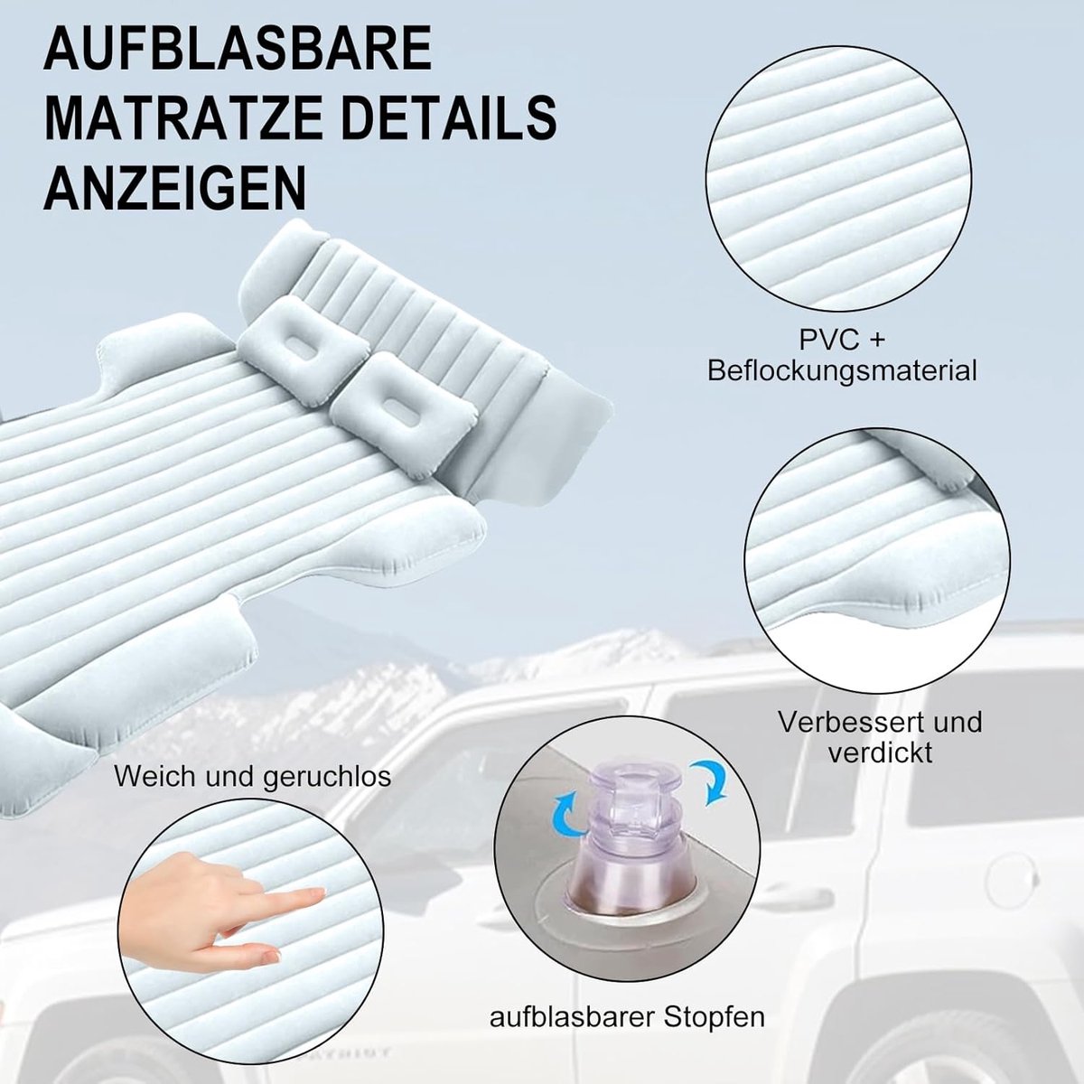 SnelShoppen - Car Air Mattress voor Auto, Zelf-Opblaasbaar Luchtbed met 2 Kussens, Campingmatras voor 2-3 Personen, Geschikt voor SUV's en MPV's, 184