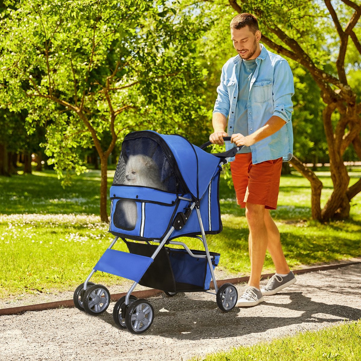 MIVRAY Dierenbuggy – Opvouwbaar Ontwerp – 45 x 75 x 97 cm – Polyester – Blauw – Voor Kleine Honden Bij Wandelen En Dierenarts