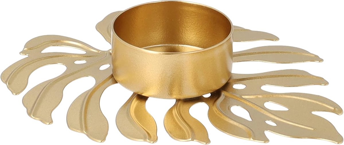 SnelShoppen - Tealight Holder Leaf - Theelichthouder van Metaal - Gouden Decoratieve Accessoire - 12.5 x 10 x 2 cm - Perfect voor Feestjes, Tuin en Th