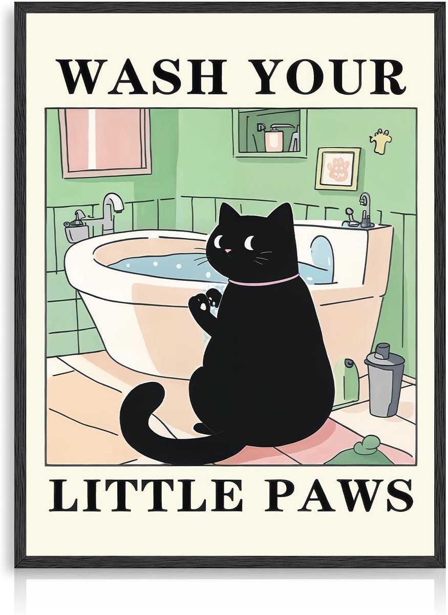 SnelShoppen - Dazzlewall zwarte kat muurkunst print, grappige was je kleine pootjes, schattige dieren houding wanddecoratie poster voor badkamer, 12x1