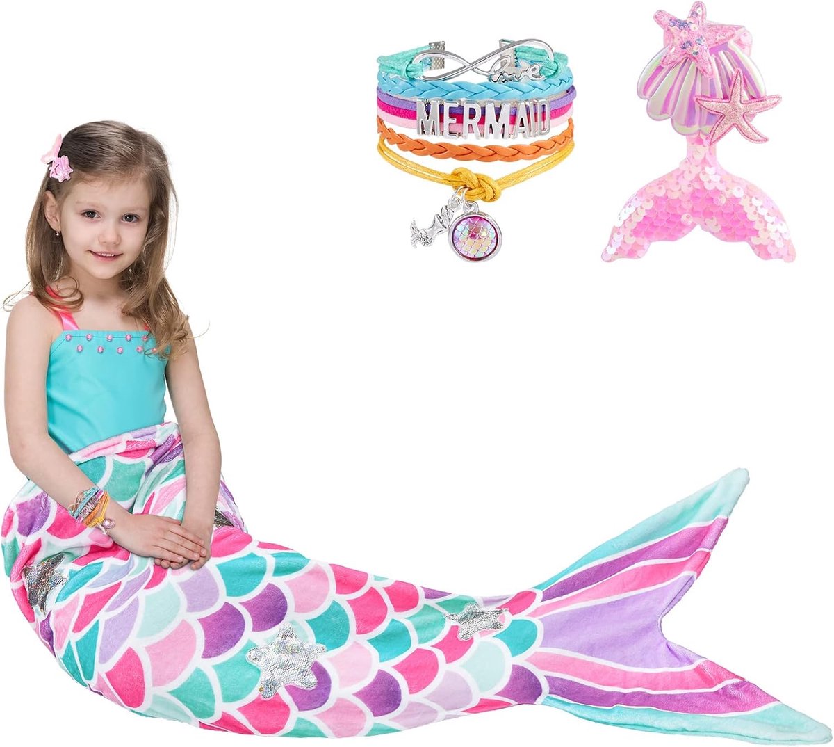 SnelShoppen - Mermaidslaapzak - Zachte Flanellen Droomdeken met Glitter Sterren, Roze, 140x60cm, Perfect Cadeau voor Meisjes en Tieners, Ideaal voor F