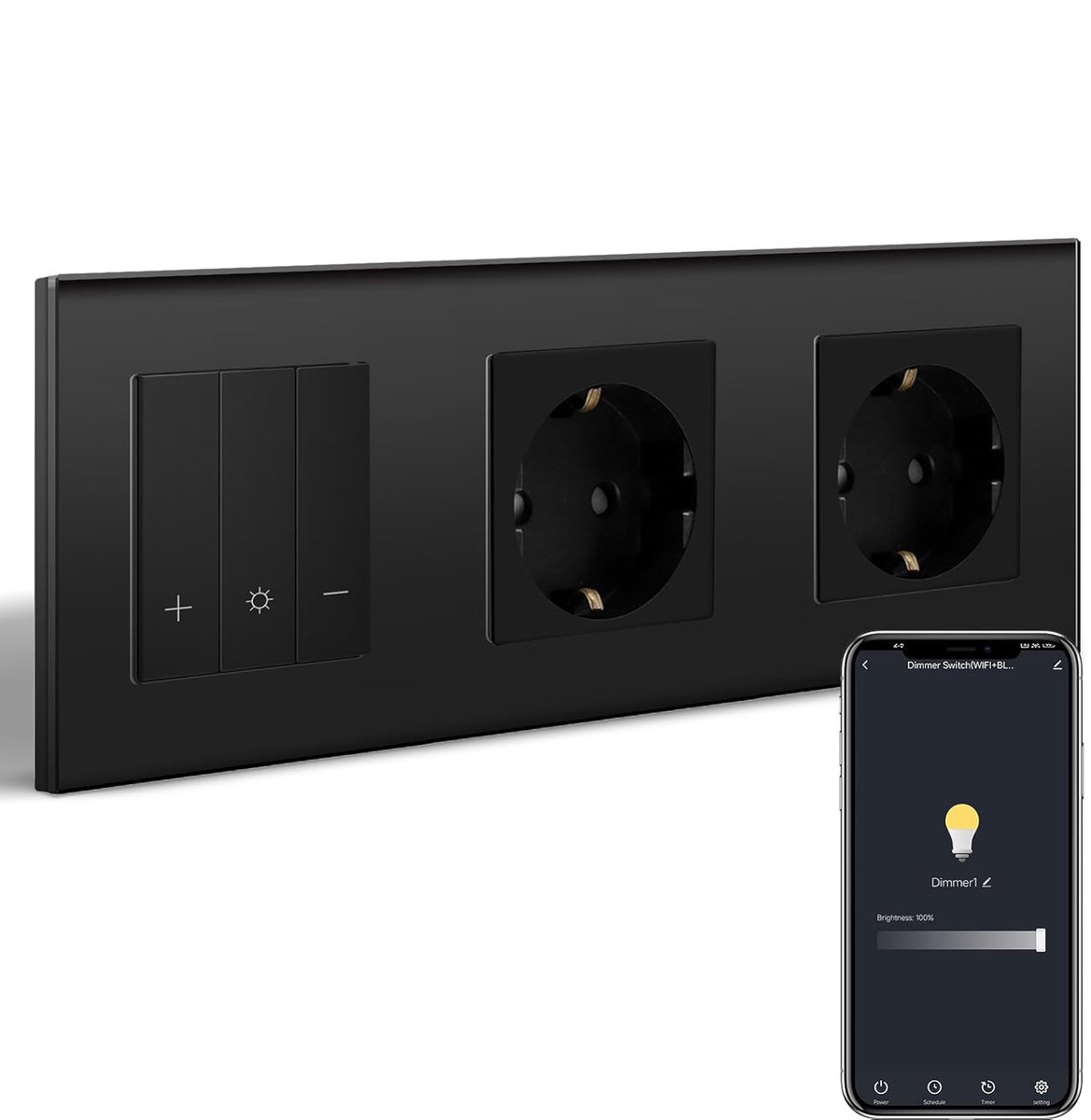 SnelShoppen - Smart WIFI Dimming Schalter met 2 Schuko Stopcontacten en Dimbare Touch Switch, Compatibel met Alexa/Google Home, Zwart, Voor Slimme Hui