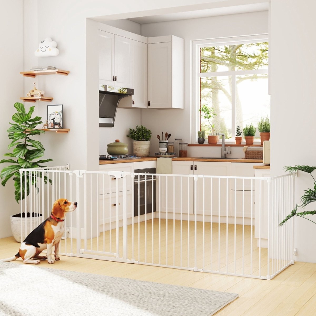 FloraGrace Hondenhek Vouwbaar – 6 Panelen Met Deur – 75 cm Hoog – Staal En Kunststof – Wit – Voor Kleine En Middelgrote Honden Binnen