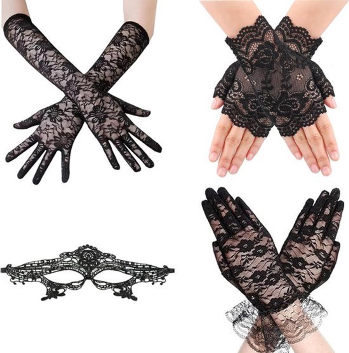 Vingerloze Handschoenen Set - Lange en Korte Handschoenen - Vingerloze Bruid Kant - Zwart .