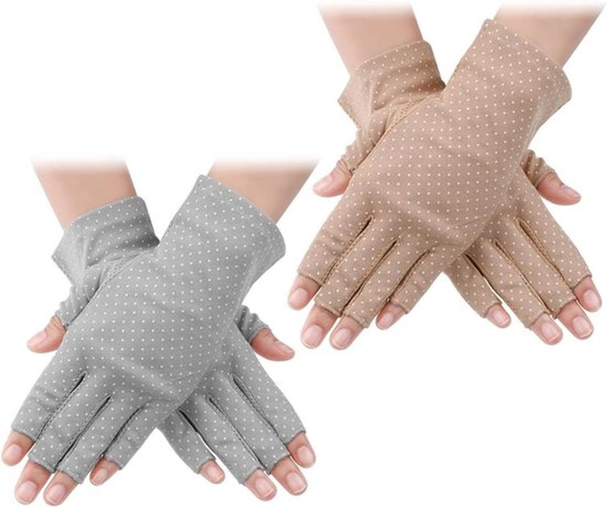 Vingerloze UV-beschermende handschoenen voor dames - 2 paar - antislip - voor auto rijden en outdoor zomeractiviteiten - Khaki/Grijs - ultieme bescherming tegen de zon