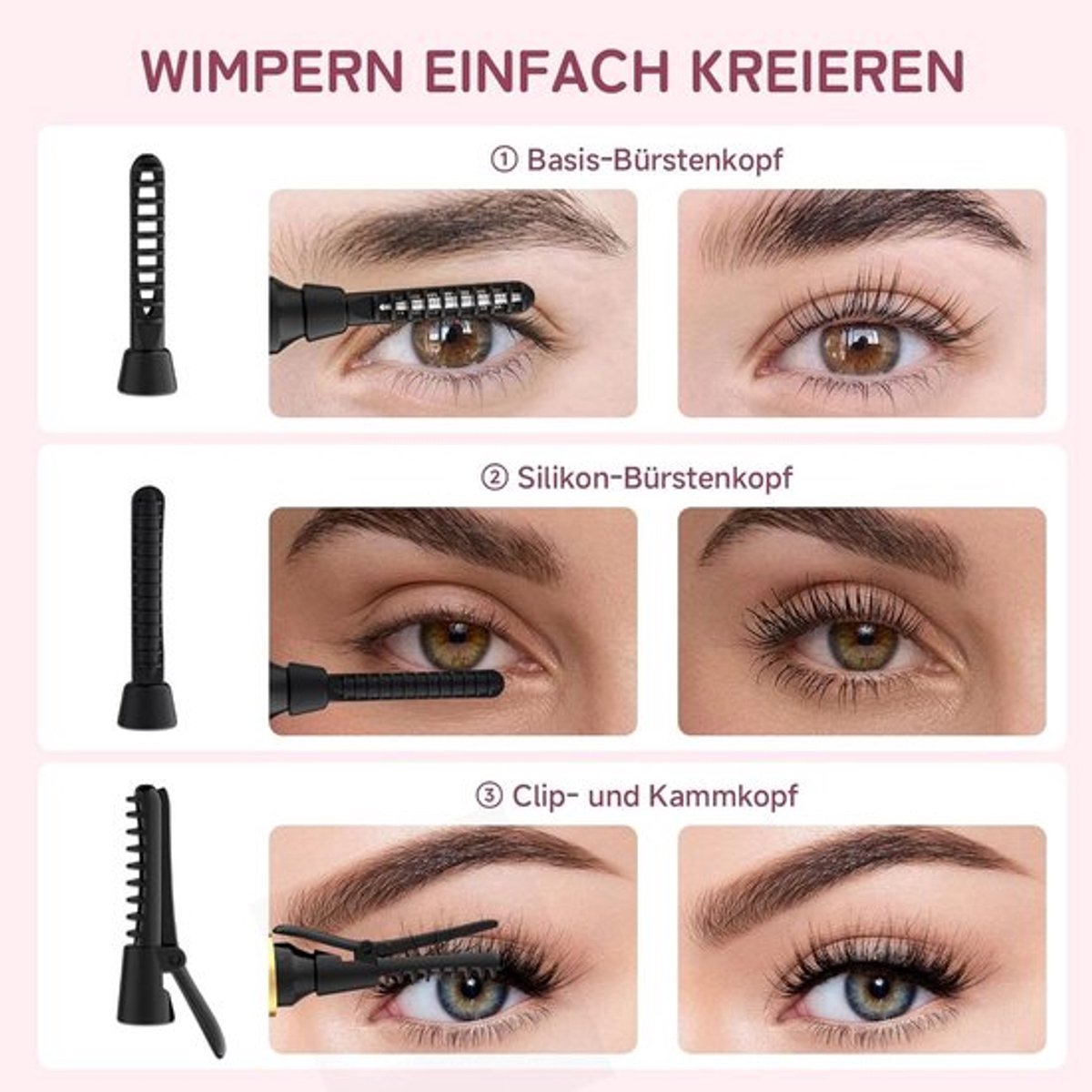 Verwarmde wimpertang - type 3-in-1 - verwarmde wimpervormer - met 3 borstelkoppen - 3 curling-modi en 3 temperaturen - opwarmen - perfect voor beginners en make-upprofessionals - 1 stuk(zwart)
