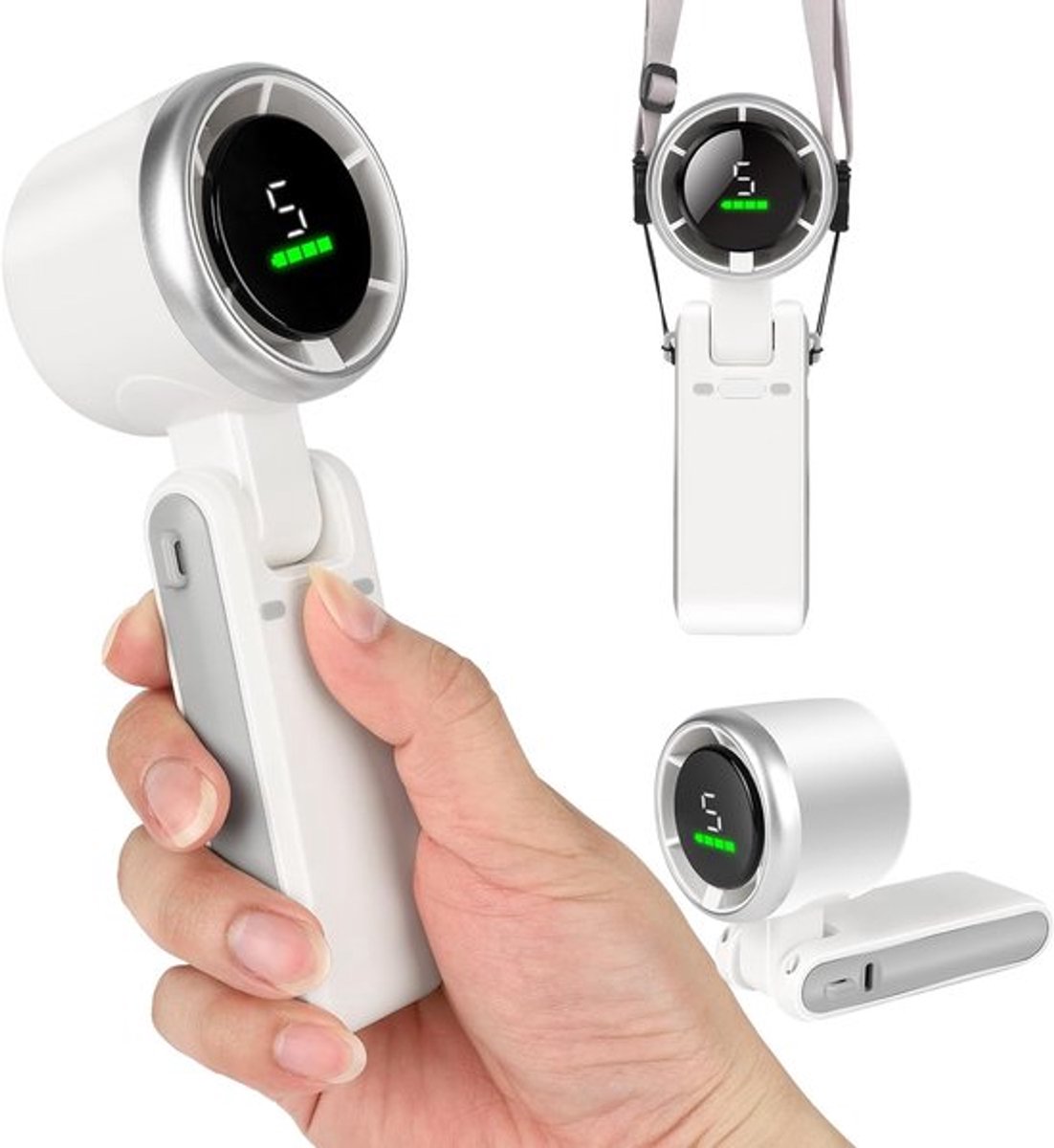 Mini Ventilator Draagbaar – Tafelventilator & Nekventilator –3600mAh – 5 Snelheden – Handventilator met LCD Display – Oplaadbaar – Sterke Windkracht – 180° Verstelbaar – Wit