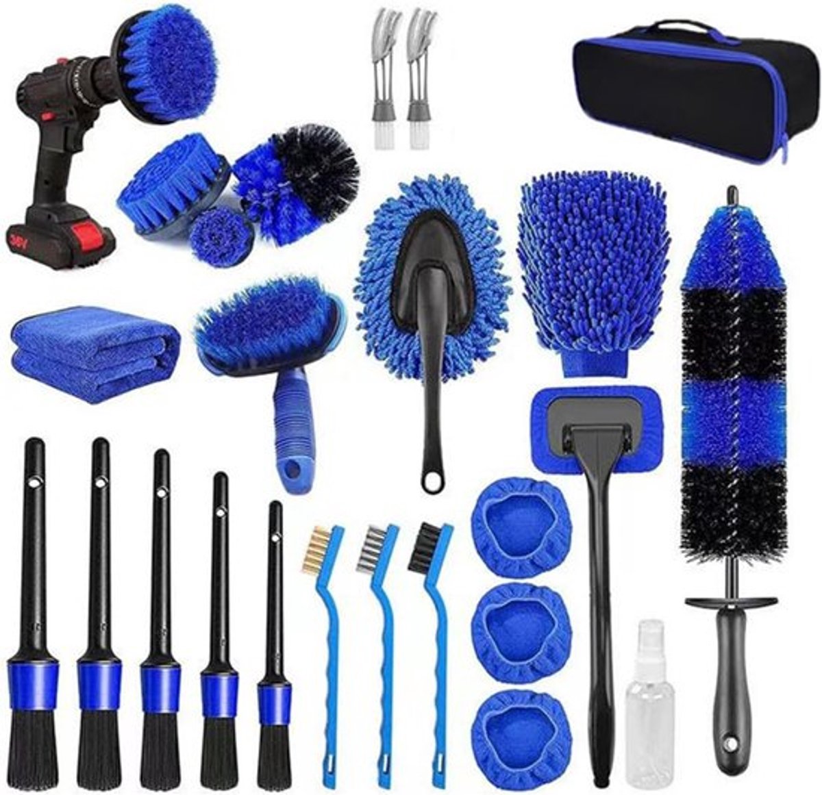 25-Delig Auto Schoonmaak Set - Auto Reinigingsborstels - Interieur En Exterieur Reiniging - Zachte Microvezel Borstels - Ergonomische Handvatten - Opbergtas Inbegrepen