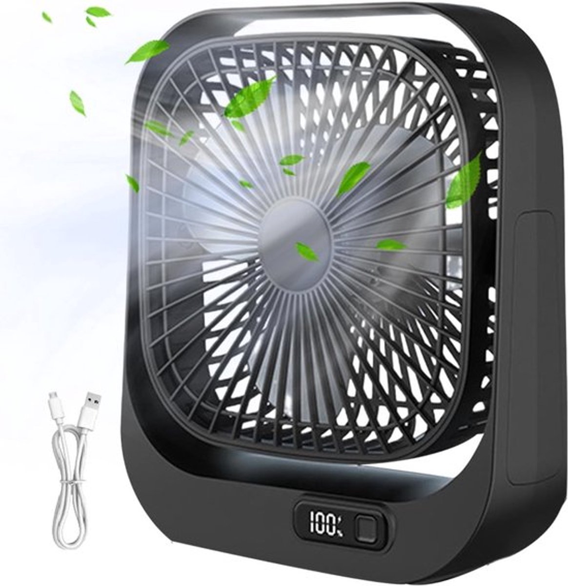 Mini Draagbare Tafelventilator - Stil en Lichtgewicht - Met LED Digitaal Display - 360° Verstelbaar - 3 Snelheden - Zwarte Circulatieventilator met Borstelloze Motor - Voor Kantoor, Thuis en Reis - USB