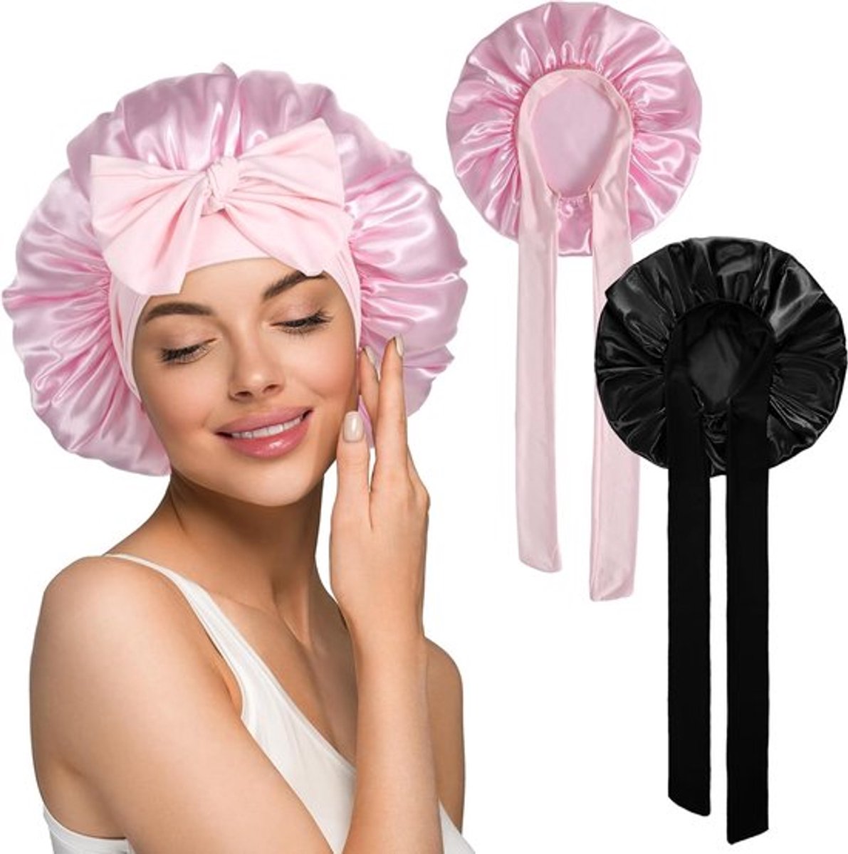 Satijnen haarkappen voor dames, 2 stuks, dubbelzijdige zijden kap om te slapen, krullen, slaapmuts, haarbescherming voor de nacht, elastisch, zacht, satijn, slaapmuts, verstelbare slaapmuts,