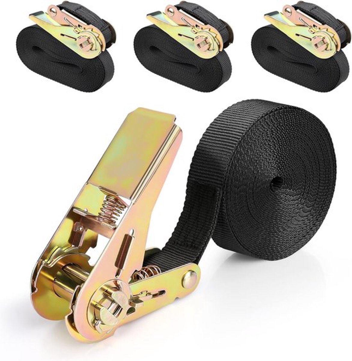 4 stuks spanbanden - 2,5 m x 25 mm - Verstelbare spanbanden - Spanbanden - Bevestigingsriemen - Voor motorfietsen, vracht, vrachtwagens, aanhangwagens en bagage, auto- en fietswielsloten, autotransporters