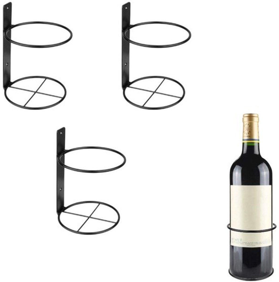 3-delige wandgemonteerde wijnrek - Metalen wijnflesdisplay - Voor opslag en themadecoratie - Woondecoratie 13,5 x 9,5 cm (zwart)