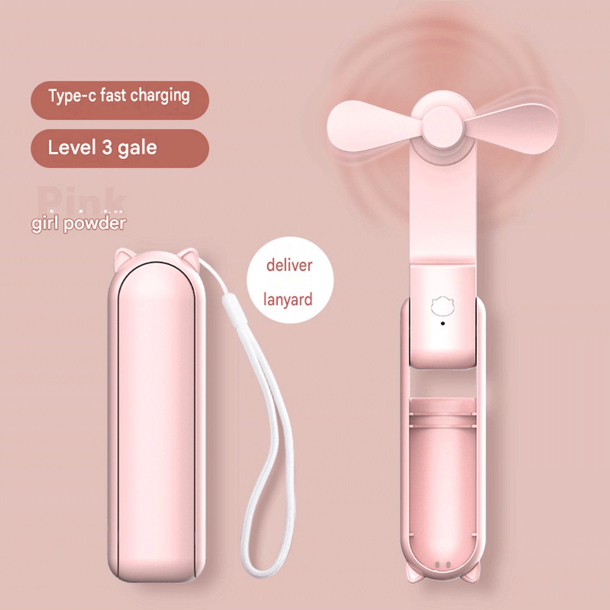 Draagbare miniventilator – Een opvouwbare, 119*35*37mm，oplaadbare hand-/tafelventilator met 3 instelbare windsnelheden en een powerbankfunctie; geschikt voor gebruik op kantoor en buitenshuis. Roze