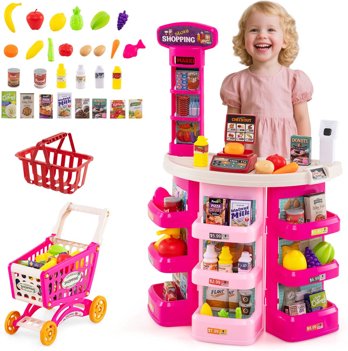 COSTWAY 76-delige supermarkt met winkelwagen, winkel met weegschaal, scanner met licht en geluid, winkel met speellevensmiddelen en accessoires, speelgoedset voor kinderen vanaf 3 jaar (roze)