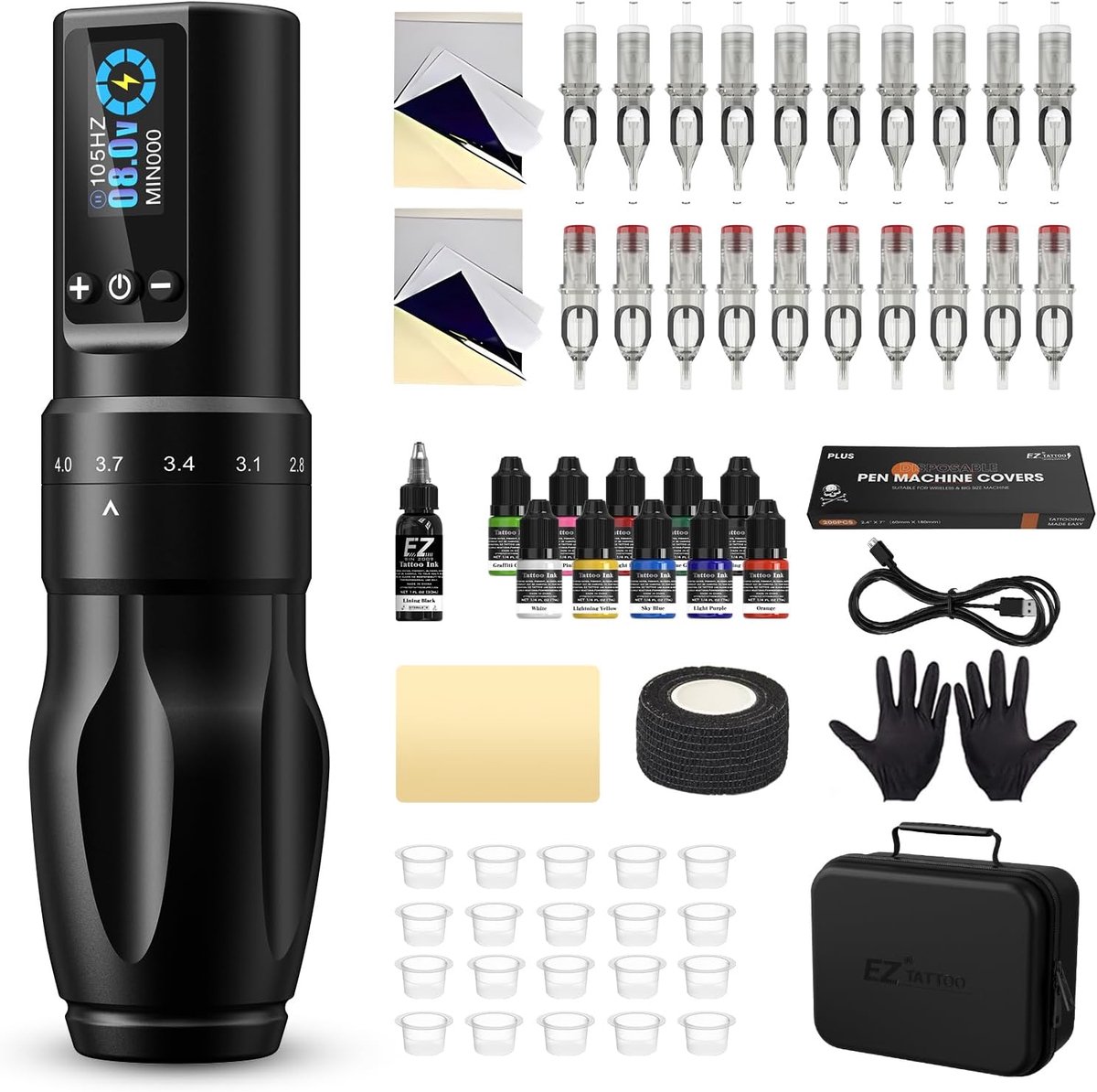 Draadloze tattoo machine - Rotary pen met touchscreen - 7 instelbare slagen - Complete set met 20 naalden en 11 inkten - 1600mAh accu