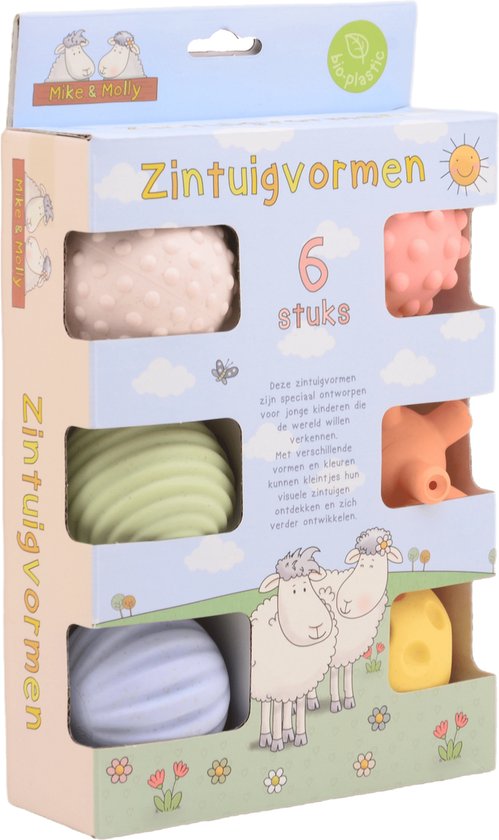 Verpakking van 6 zintuig ballen in pastelkleuren, met verschillende texturen en vormen, voor jonge kinderen.