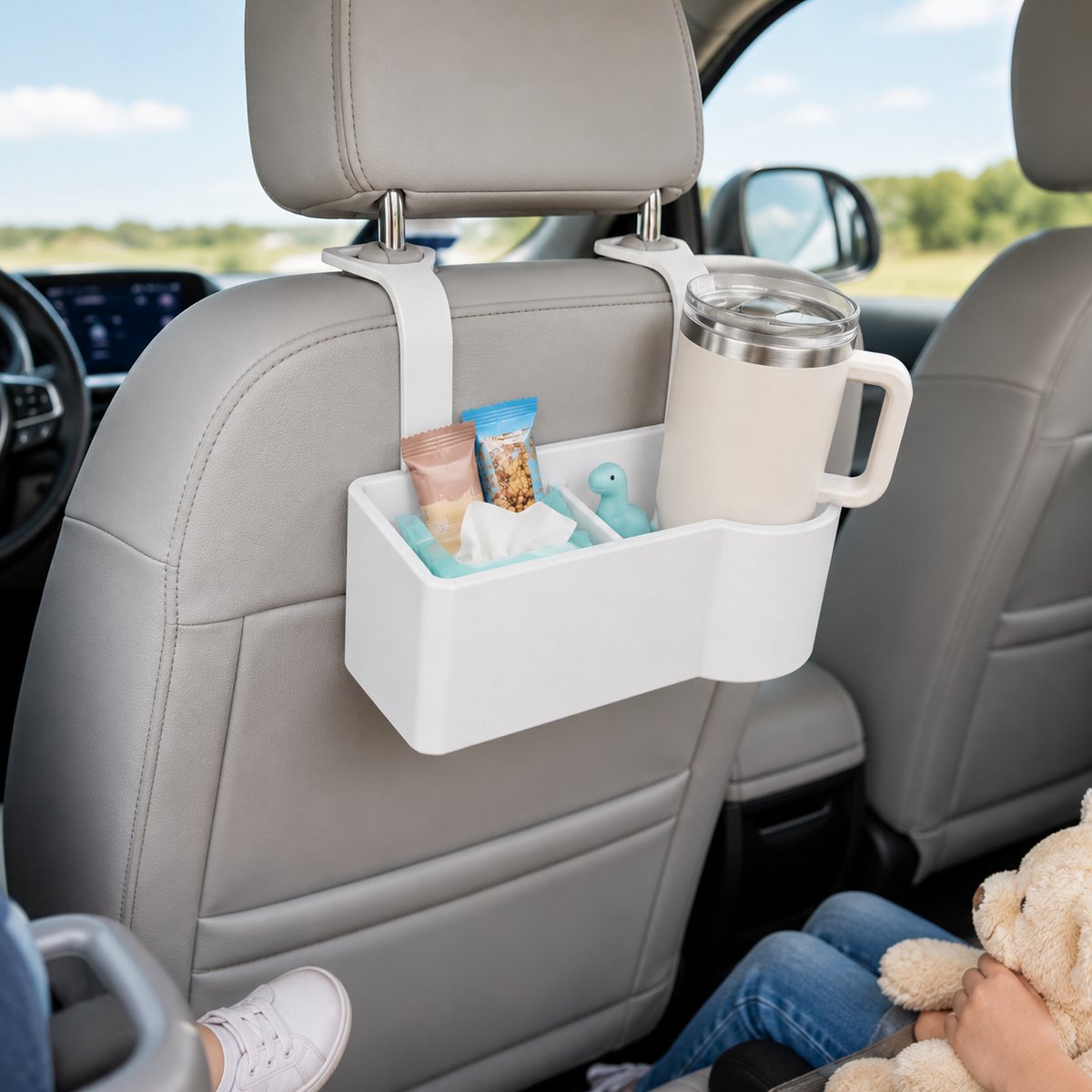 Skushy hoofdsteunorganizer met bekerhouder - praktische houder voor achter de autostoel, voor drankjes, smartphone en kleine tassen onderweg, handig voor dagelijks gebruik, reizen, gezin en lange autoritten