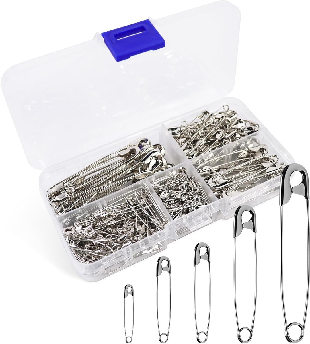 SnelShoppen - Safety Pins Set 260 Stuks - Grote Zilveren Veiligheidsnaalden (5 Maten) - Ideaal voor Naaien, Knutselen, Feest en Camping