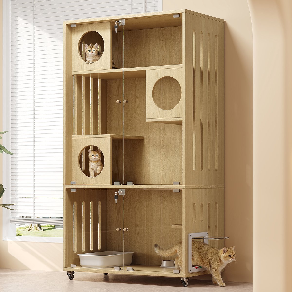 Verrijdbare Kattenkennel - Met sleutelslot - Met in- en uitgangsdeurtje - Geschikt voor binnen - Natuurhouten afwerking - 90x50x166 cm