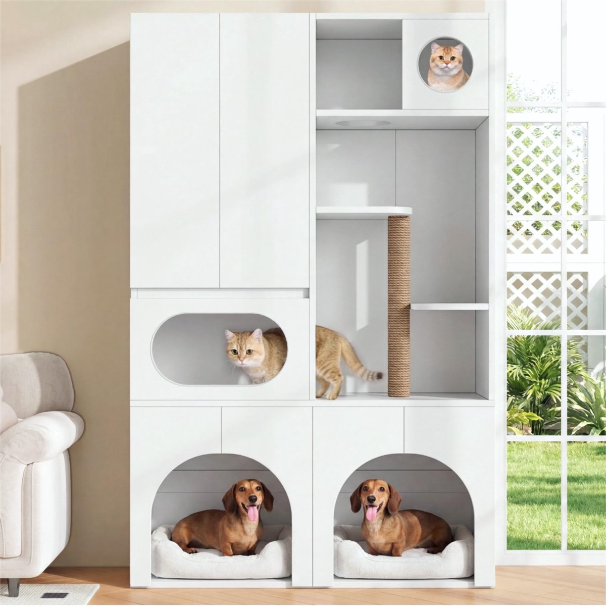 Kattenbakmeubel Huisdierenkast - voor 2 kattenbakken - met krabpaal en rustplek - geschikt voor katten en honden - wit - 140x45x195 cm