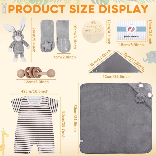 SnelShoppen - Luiertaart Baby Cadeauset Neutraal - 9-delige Pasgeborenen Set met Grijs Pluche Konijn, Houten Rammelaar, Babydekens, Sjaal, Speelgoed, — afbeelding 4
