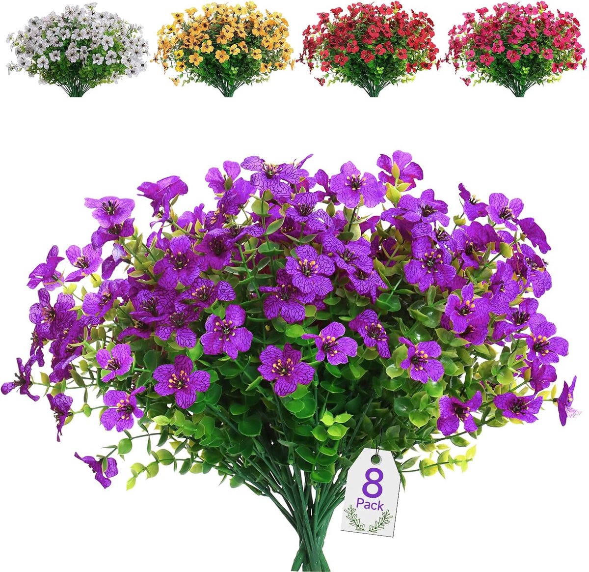 SnelShoppen - Kunstbloemen 8 bundels UV-bestendig, namaakbloemen, vervaagt niet, groene kunstplant, paars, ideaal voor tuin, veranda, kantoor, decorat