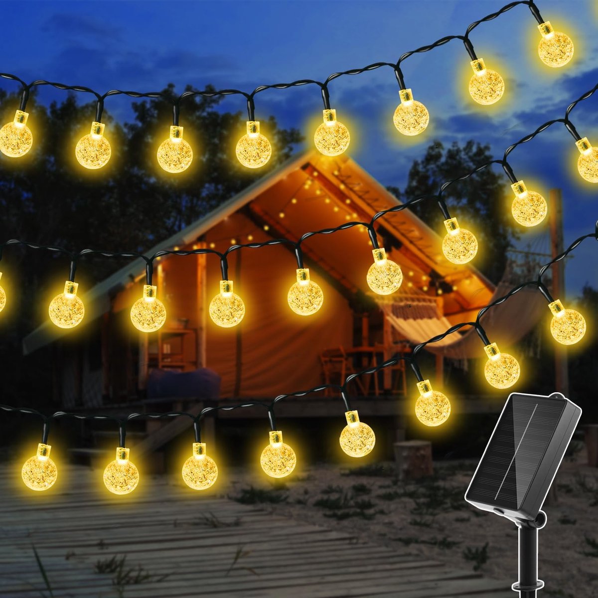 SnelShoppen - Ollny Solar Lichtsnoer Buiten 12M 100 LED IP65 Waterdicht Lichtsnoer op Zonne-energie met 8 Modi voor Tuin, Terras, Balkon, Bruiloft - W